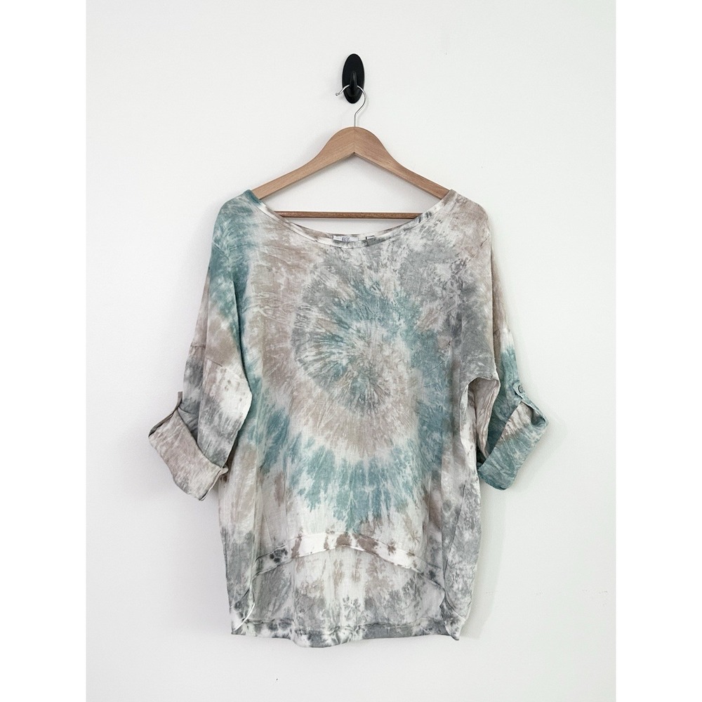 Kaktus Size Large 100% Linen Made in Italy Tie Dye Roll Tab Sleeve V-Neck Top - Picture 2 of 14